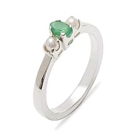 18k White Gold Natural Emerald & Cultured Pearl Womens Trilogy Ring - Sizes 4 to 12 Available