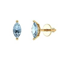 1.0 ct Marquise Cut Solitaire Natural Aquamarine Pair of Stud Everyday Earrings Solid 18K Yellow Gold Butterfly Push Back