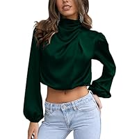 kaimimei Women's 2023 Fashion Satin Tops Long Sleeve Ruched Mock Neck Casual Loose Fit Blouse Shirt