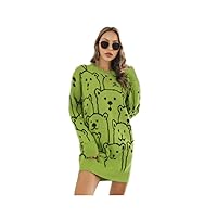 Women'S Bear Jacquard Sweater Dress Cartoon Knit Dress