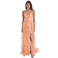 Sweetheart Tulle Prom Dresses for Women Strapless Applique Ruffles Slit Formal Evening Gown