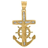 10k Yellow Gold Unisex CZ Cubic Zirconia Simulated Diamond Textured Crucifix Nautical Ship Mariner Anchor Religious Charm Pendant Necklace Jewelry for Women