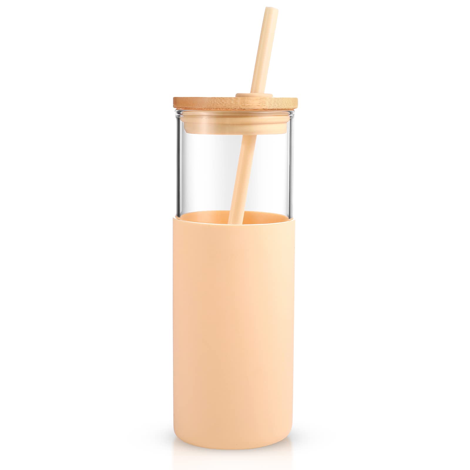 tronco 24 oz Glass Tumbler with Straw and Lid - Glass Cup with Lid and Straw,  Smoothie Cup, Iced Coffee Cup - Bamboo Lid and Protective Silicone Sleeve -  BPA-Free Amber/2 Pack 24oz 