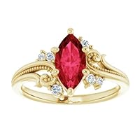 Vintage Floral 1 CT Marquise Ruby Ring 14k Yellow Gold, Nature Inspired Red Ruby Engagement Ring, Filigree Ruby Diamond Ring July Birthstone Ring