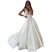 Women's Satin Lace Wedding Dresses for Bride Sequins Illusion V-Neck Backless Bridal Ball Gowns Train Plus Size