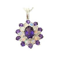 Ladies Solid 925 Sterling Silver Ornate Large Natural Amethyst & Opal Large Cluster Pendant Necklace
