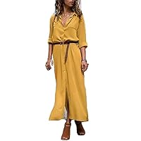 Spring Autumn Buttons Side Long Dress Casual Ladies Sleeve Midi Dresses