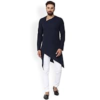 Indian Men's Partywear Cotton Kurta Tunic Solid Plus Size Loose Fit Big And Tall Ethnic Wedding Party Wear Kurta For Men/Boys_Dark Blue_Xs
