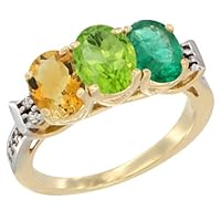 10K Yellow Gold Natural Citrine, Peridot & Emerald Ring 3-Stone Oval 7x5 mm Diamond Accent, Sizes 5-10