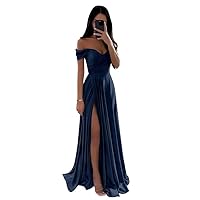 Satin Off Shoulder Bridesmaid Dress for Wedding A Line Ruched Long Formal Party Gowns with Slit