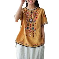 Cotton and Linen Embroidered T-Shirt Summer Retro Artistic Loose All -Matching Pullover White Top for Women