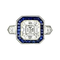 GLOW SPECTRA JEWELS 2.35 Cttw Asscher Shape White Cubic Zirconia & Simulated Blue Sapphire Wedding Engagement Halo Ring In 14K White Gold Plated 925 Sterling Silver
