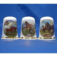 Porcelain China Collectible - Set of Three Thimbles - Ponies of Great Britain