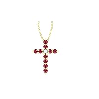14k Yellow Gold timeless cross pendant set with 10 round red ruby stones (1/4 ct, AA Quality) encompassing 1 round white diamond, (.035 ct, H-I Color, I1 Clarity), dangling on a 18