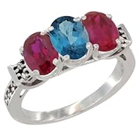 10K White Gold Natural London Blue Topaz & Enhanced Ruby Sides Ring 3-Stone Oval 7x5 mm Diamond Accent, Sizes 5-10