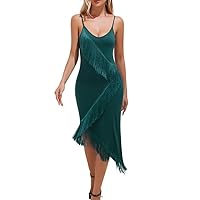 ZAFUL Women's Spaghetti Strap Sexy V Neck Tassels Irregular Hem Slit Bodycon Prom Party Cocktail Long Formal Dress