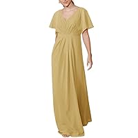 Chiffon Bridesmaid Dress with Sleeves V Neck Pleated A Line Formal Evening Dresses for Wedding Guest