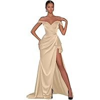 Mermaid Satin Prom Dresses with High Slit Off Shoulder Ruched Formal Evening Gown for Women