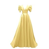 Tsbridal Women Short Sleeve V Neck Prom Dresses Long A line with Pocket Pleates Satin Formal Evening Party Gowns