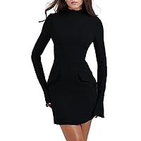 Women's Elegant Crew Neck Long Sleeve Mini Dress Classic Solid Bodycon Dresses