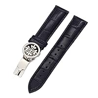 Genuine Leather Watch Strap 19MM 20MM 22MM Watchbands for Patek Philippe Wath Bands with Stainless Steel Deploy Clasp Men Women (Color : Black Silver Clasp, Size : 19mm)