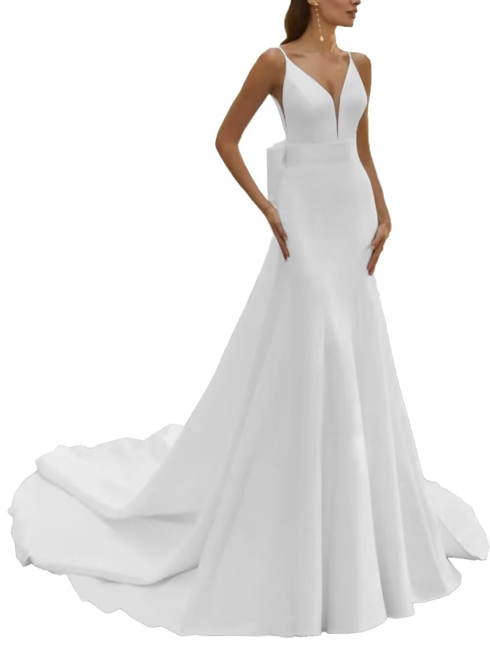 DNEKSEIK Elegant Mermaid Satin Wedding Dresses for Bride Spaghetti Strap Bridal Gown Open Back with Bow for Women