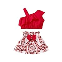 Baby Ruffle Asymmetric Neck Cami Top & Geo Print Bow Skirt (Set of 2)