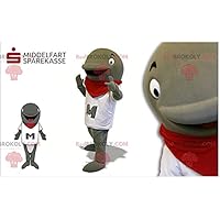 Gray dolphin REDBROKOLY Mascot with a white t-shirt and a red scarf