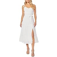 PAIGE Women's Inesa Midi Dress Criss Cross Detail Tie Straps Thigh High Side Slit in White