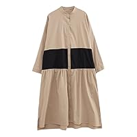 Cotton Linen Patchwork Shirt Dresses for Women Long Sleeve Loose Casual Vintage Dress Elegant Clothes Spring Autumn