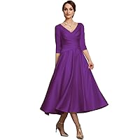 Women's V Neck 3/4 Sleeve Evening Dresses Tea-Length Formal Party Gowns Purple