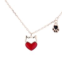 Red Cute Cat Necklace in Sterling Silver, Exquisite and Advanced Sense of Small Red Heart-Shaped Pendant, Simple Clavicle Chain Sweater Chain, Fashionable and Versatile