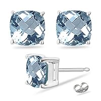 1.10 Cts of 5 mm AAA Cushion Checker Board Aquamarine Stud Earrings in 14K White Gold