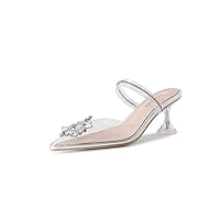 Clear Heels for Women,Pointed-Toe Clear Rhinestones Sandals High Heel Backless Mules