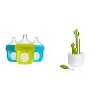 Boon Nursh Reusable Silicone Baby Bottles with Collapsible Silicone Pouch Design & Cacti Bottle Cleaning Brush Set - Includes Bottle Brush, Nipple Brush, Detail Brush