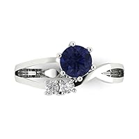 0.85 ct Round Cut 3 stone Solitaire Genuine Simulated Blue Sapphire Engagement Promise Anniversary Bridal Ring 18K White Gold