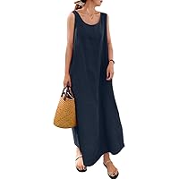 Sleeveless Maxi Dress for Women Plus Size Casaul Summer Long Dress with Pocket Round Neck Linen Dress S-5XL