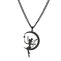 Moon Wendy Princess Tinker Bell Pendant Necklace Dainty Fairy Pixie Angel Holding Magic Wand Choker Magic Trendy Dancer Ballet Jewelry Fairy Tale Story Quote Girl Woman Teens