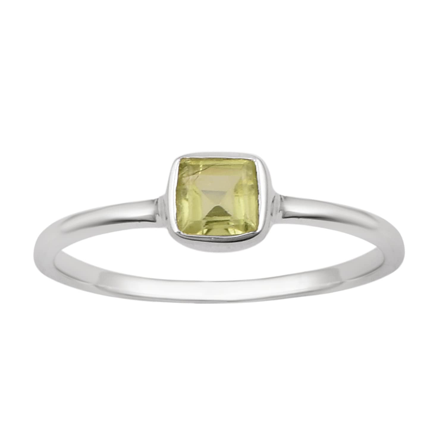 925 Sterling Silver 5 mm Square Cut Peridot Bezel Set Art Deco Ring Jewelry Women Girl Ring