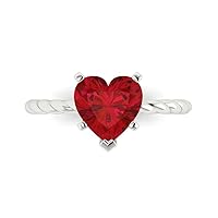 1.95ct Heart Cut Solitaire Rope Twisted Knot Simulated Red Ruby 5-Prong Classic Statement Ring 14k White Gold for Women