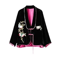 Women Silk Velvet Retro Top Embroidered Handmade Button Coat 58