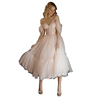 Women's Tulle Tea Length Off Shoulder Prom Dresses Sweetheart Ruffle Sleeves A Line Formal Evening Party Gowns