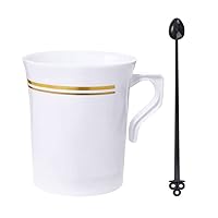 Nervure 60 Pack White Plastic Coffee Mugs with 60 PCS Black Coffee Stirrers - 8oz Disposable Coffee Cups with Handles & 5inch Coffee Stirrers - Plastic Tea Cups with Gold Rim for Wedding and Party