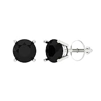 Clara Pucci 1.50 ct Round Cut Solitaire Genuine Natural Black Onyx Pair of Designer Stud Earrings Solid 14k White Gold Screw Back