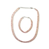 Set of Natural Strawberry Quartz Heishi Beads Sterling Silver Necklace-Bracelet, 18 Inch & 8 Inch, Quartz Silver Adjustable Jewelry