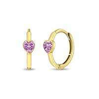 14k Yellow Gold Cubic Zirconia Sparkling Heart Hoop Earrings For Little Girls & Preteens 9mm - Tiny Hoop Earrings For Young Girls With Heart CZ's - Heart Shaped Children's Jewelry