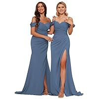Women's Satin Spaghetti Strap Bridesmaid Dresses Off The Shoulder Long Mermaid Pleated Prom Formal Evening Gowns