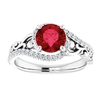 Sculptural 1 CT Ruby Engagement Ring 14k White Gold, Scroll Red Ruby Ring, Art Deco Genuine Ruby Diamond Ring, Vintage Ruby Ring, July Birthstone