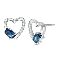 0.25 CT Oval Created Blue Sapphire & Diamond Heart Stud Earrings 14k White Gold Finish