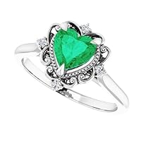 Vintage 1 CT Heart Shape Emerald Diamond Ring 14K Gold, Victorian Green Emerald Engagement Ring, Antique Emerald Ring, May Birthstone, Filigree Wedding Ring, Art Deco Bridal Ring
